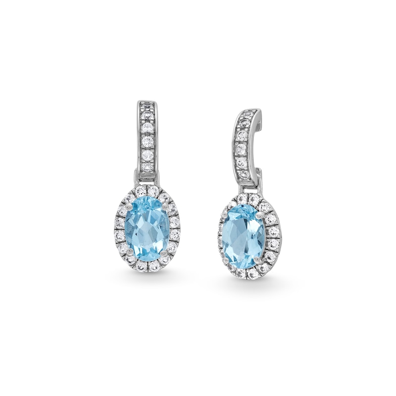 Main Image 1 of Oval Aquamarine and White Lab-Created Sapphire Frame Drop Earrings in 10K Gold