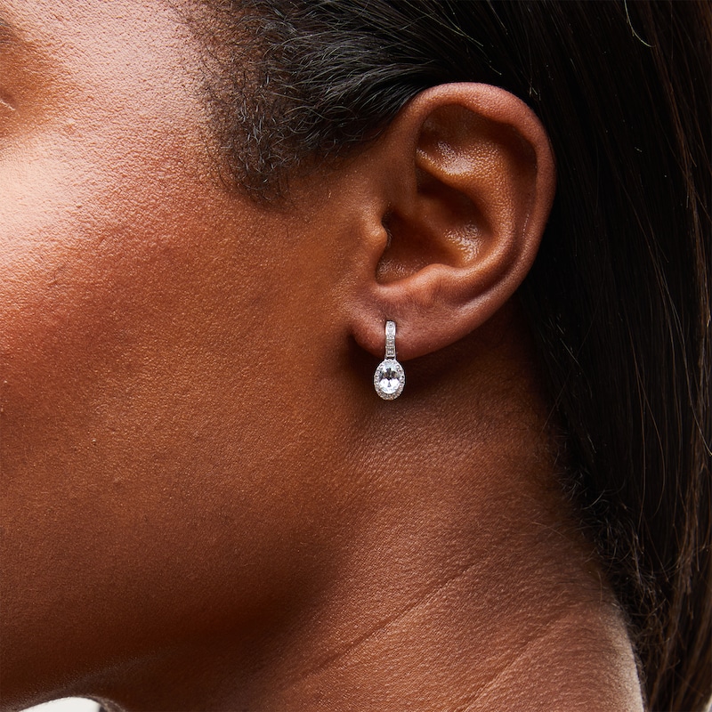 Main Image 2 of Oval Aquamarine and White Lab-Created Sapphire Frame Drop Earrings in 10K Gold