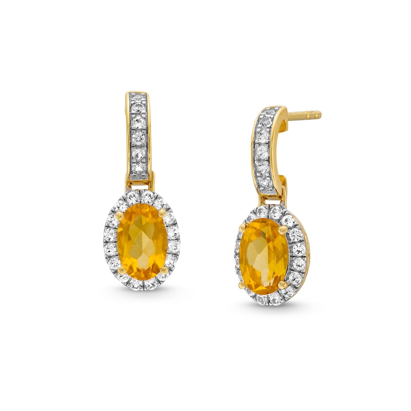 Main Image 1 of Oval Citrine and White Lab-Created Sapphire Frame Drop Earrings in 10K Gold