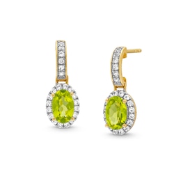 Oval Peridot and White Lab-Created Sapphire Frame Drop Earrings in 10K Gold