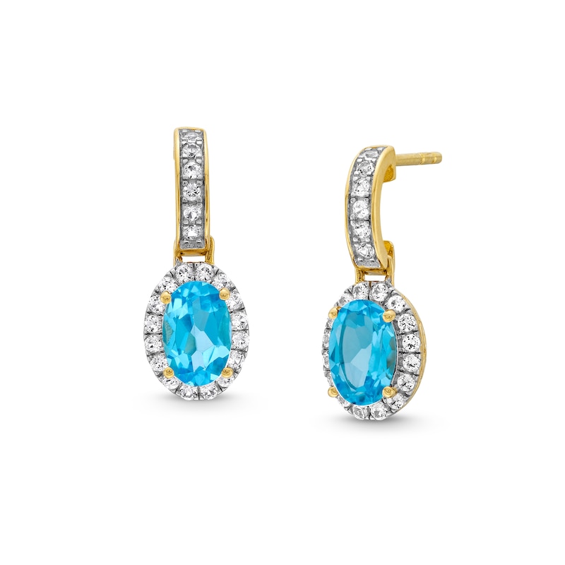 Oval Swiss Blue Topaz and White Lab-Created Sapphire Frame Drop Earrings in 10K Gold