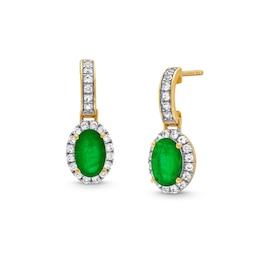 Oval Emerald and White Lab-Created Sapphire Frame Drop Earrings in 10K Gold