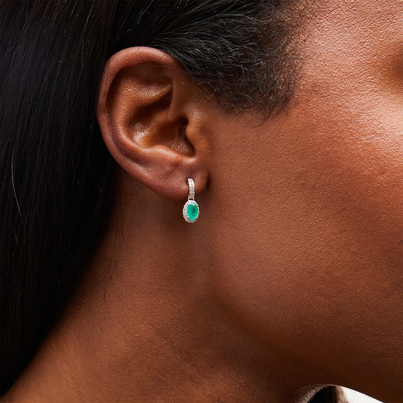 Oval Emerald and White Lab-Created Sapphire Frame Drop Earrings in 10K Gold