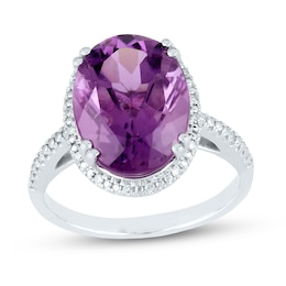 Oval Amethyst and 1/15 CT. T.W. Diamond Frame Ring in 14K White Gold