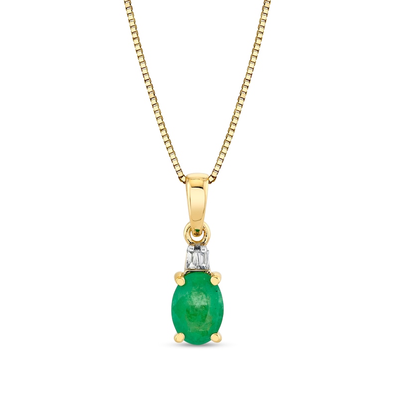 Main Image 1 of Oval Emerald and Baguette Diamond Accent Pendant in 10K Gold