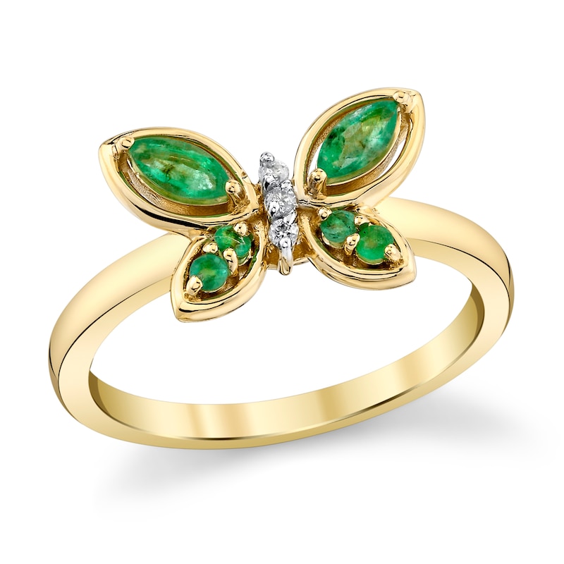 Main Image 1 of Marquise and Round Emerald with Diamond Accent Butterfly Ring in 10K Gold