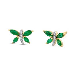 Marquise Emerald and 1/15 CT. T.W. Diamond Butterfly Stud Earrings in 14K Gold