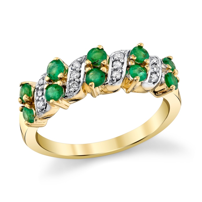 Main Image 1 of Emerald and 1/8 CT. T.W. Diamond Alternating Flame Ring in 14K Gold