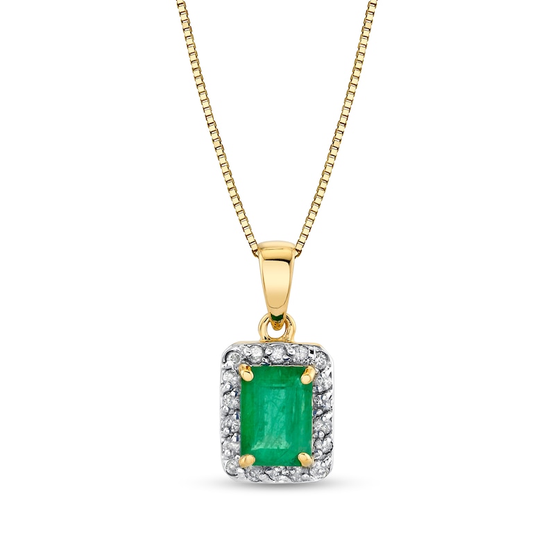 Main Image 1 of Emerald-Cut Emerald and 1/5 CT. T.W. Diamond Frame Pendant in 14K Gold