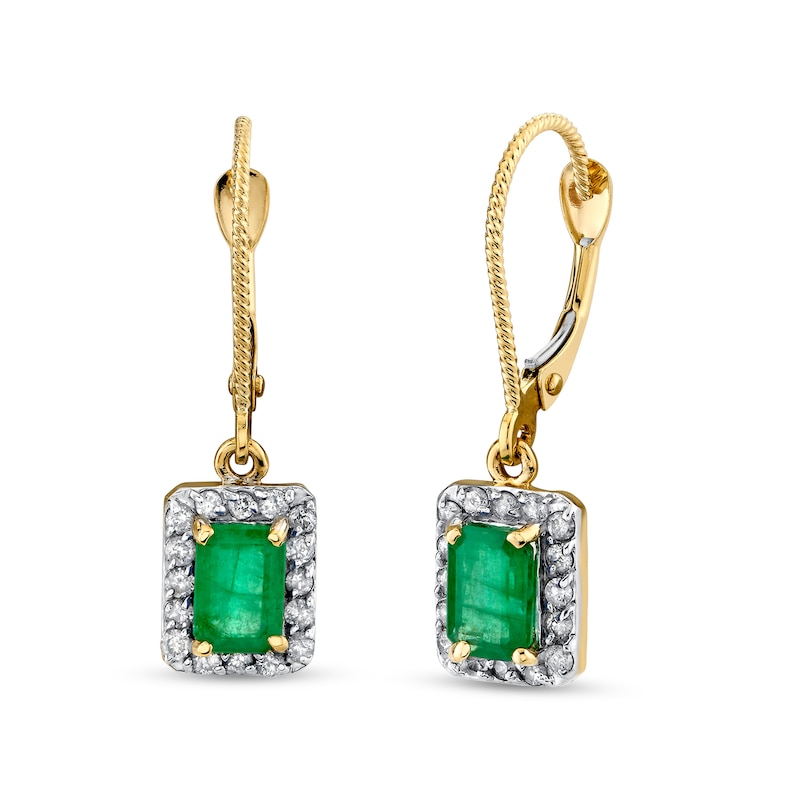 Emerald-Cut Emerald and 1/3 CT. T.W. Diamond Frame Drop Earrings in 14K Gold