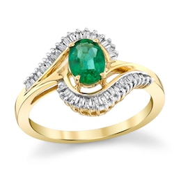 Oval Emerald and 1/3 CT. T.W. Baguette Diamond Shadow Bypass Ring in 14K Gold