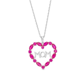 Marquise and Round Lab-Created Ruby &quot;MOM&quot; Heart Pendant in Sterling Silver