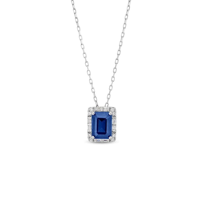 Main Image 1 of Emerald-Cut Blue and White Lab-Created Sapphire Frame Pendant in Sterling Silver