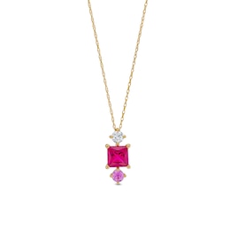 Princess-Cut Lab-Created Ruby with Pink and White Lab-Created Sapphire Stacked Three Stone Pendant in 10K Gold