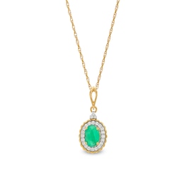 Oval Emerald and 1/6 CT. T.W. Diamond Scallop Frame Drop Pendant in 10K Gold