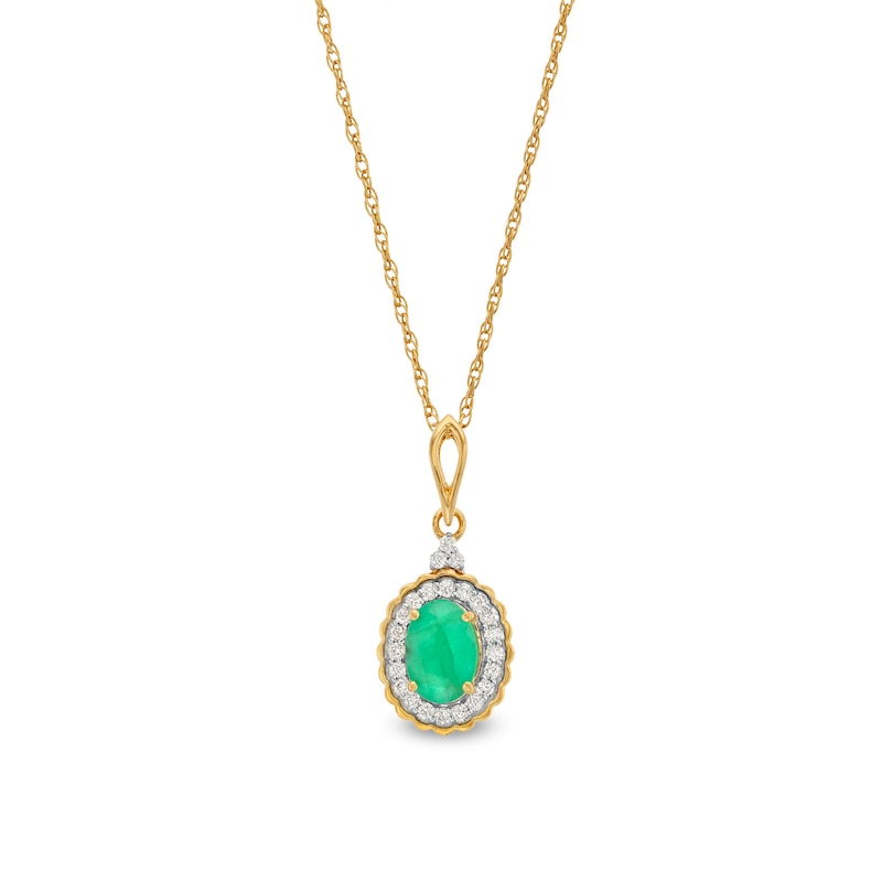 Main Image 1 of Oval Emerald and 1/6 CT. T.W. Diamond Scallop Frame Drop Pendant in 10K Gold