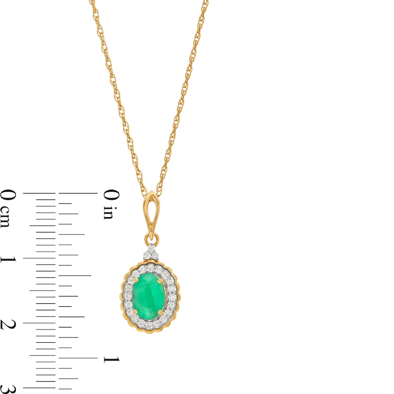 Main Image 3 of Oval Emerald and 1/6 CT. T.W. Diamond Scallop Frame Drop Pendant in 10K Gold