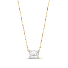 Radiant-Cut White Lab-Created Sapphire Sideways Solitaire Necklace in Sterling Silver with 18K Gold Plate - 20&quot;