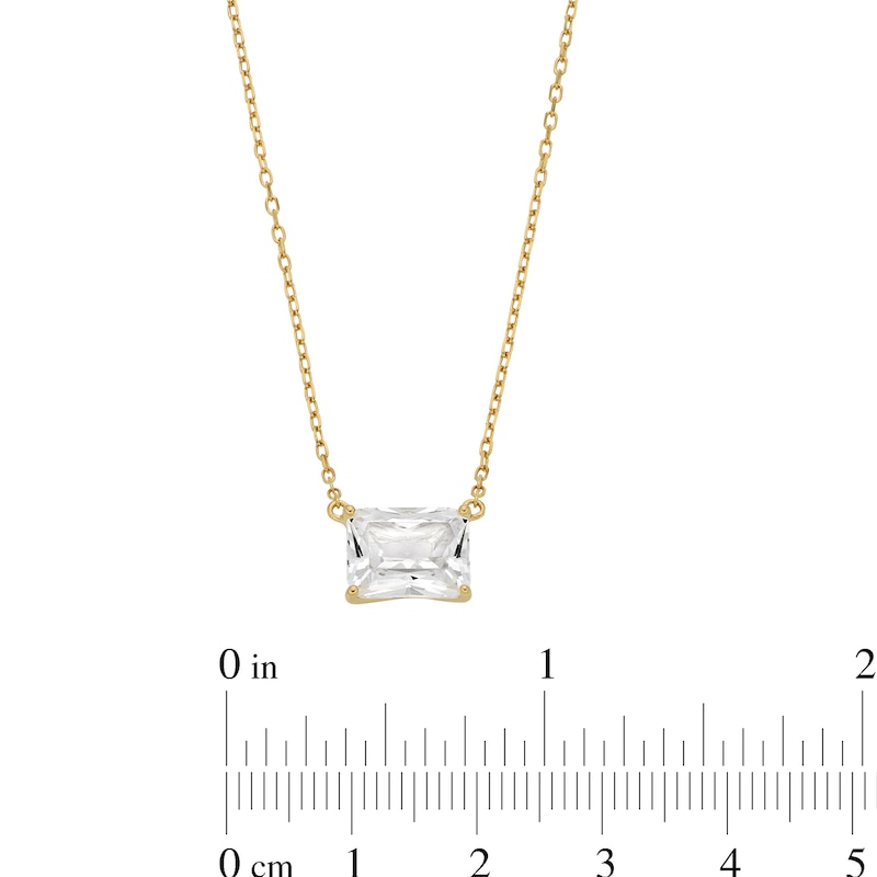 Main Image 4 of Radiant-Cut White Lab-Created Sapphire Sideways Solitaire Necklace in Sterling Silver with 18K Gold Plate - 20&quot;