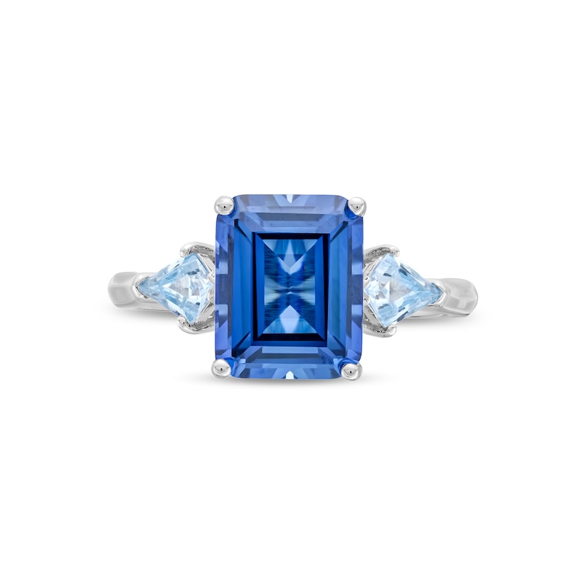 Main Image 4 of Emerald-Cut Blue Lab-Created Sapphire and Kite-Shaped Sky Blue Topaz Three Stone Ring in Sterling Silver