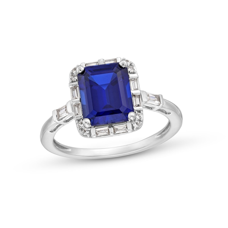 Main Image 1 of Emerald-Cut Blue and White Lab-Created Sapphire Frame Collar Ring in Sterling Silver