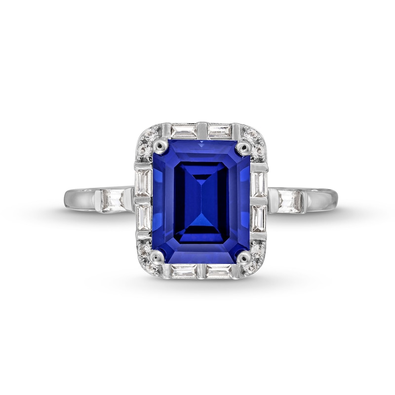 Main Image 4 of Emerald-Cut Blue and White Lab-Created Sapphire Frame Collar Ring in Sterling Silver