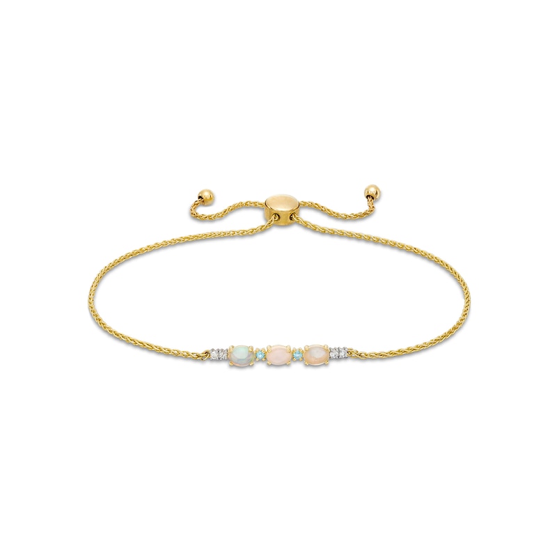 Oval Opal and Swiss Blue Topaz with Diamond Accent Bolo Bracelet in 10K Gold - 9.0"