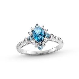 Pear-Shaped Blue and White Topaz Sunburst Frame Heart-Sides Ring in Sterling Silver