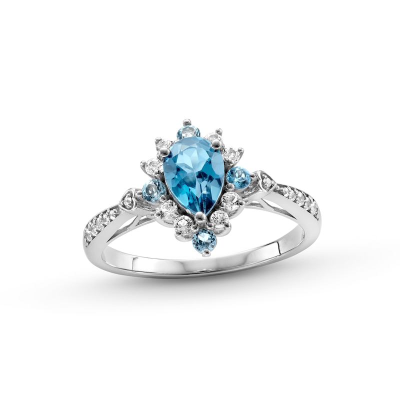 Main Image 1 of Pear-Shaped Blue and White Topaz Sunburst Frame Heart-Sides Ring in Sterling Silver