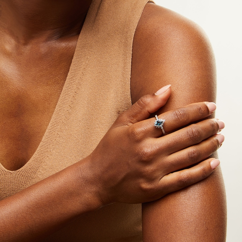 Main Image 2 of Pear-Shaped Blue and White Topaz Sunburst Frame Heart-Sides Ring in Sterling Silver