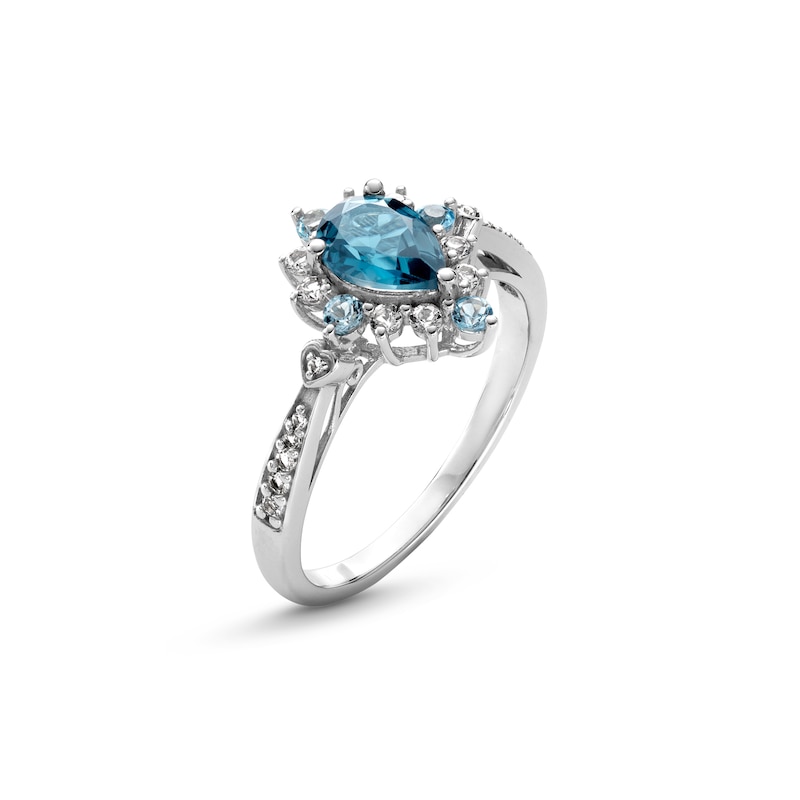 Main Image 3 of Pear-Shaped Blue and White Topaz Sunburst Frame Heart-Sides Ring in Sterling Silver