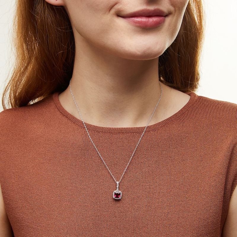 Main Image 2 of 7.0mm Cushion-Cut Lab-Created Ruby and White Lab-Created Sapphire Frame Drop Pendant in Sterling Silver