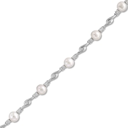 Freshwater Cultured Pearl and White Lab-Created Sapphire Bypass Link Alternating Bracelet in Sterling Silver-7.25”