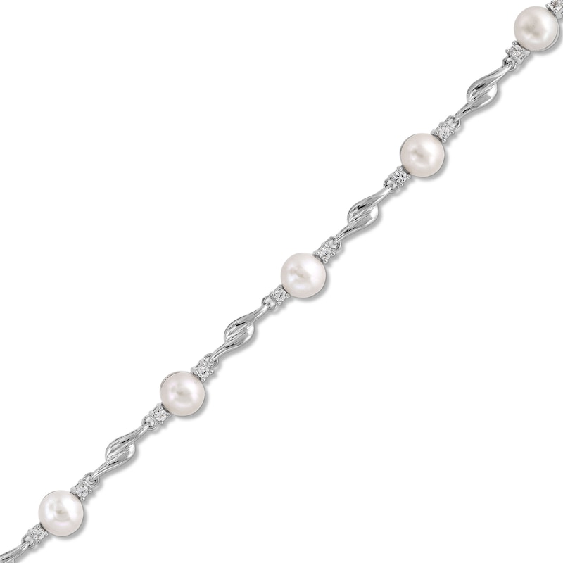 Main Image 1 of Freshwater Cultured Pearl and White Lab-Created Sapphire Bypass Link Alternating Bracelet in Sterling Silver-7.25”