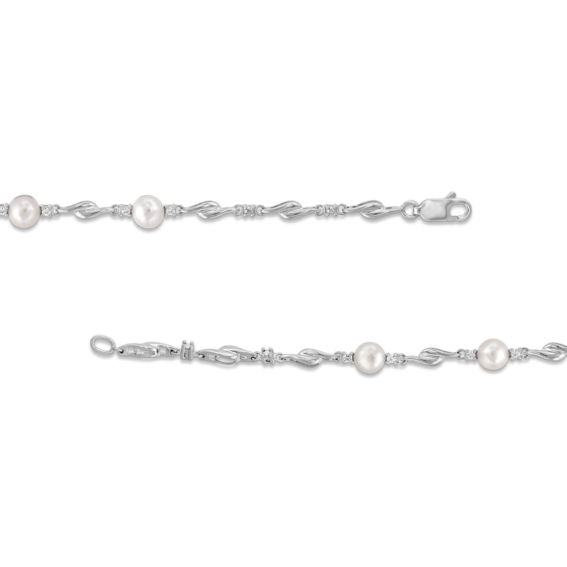 Main Image 3 of Freshwater Cultured Pearl and White Lab-Created Sapphire Bypass Link Alternating Bracelet in Sterling Silver-7.25”