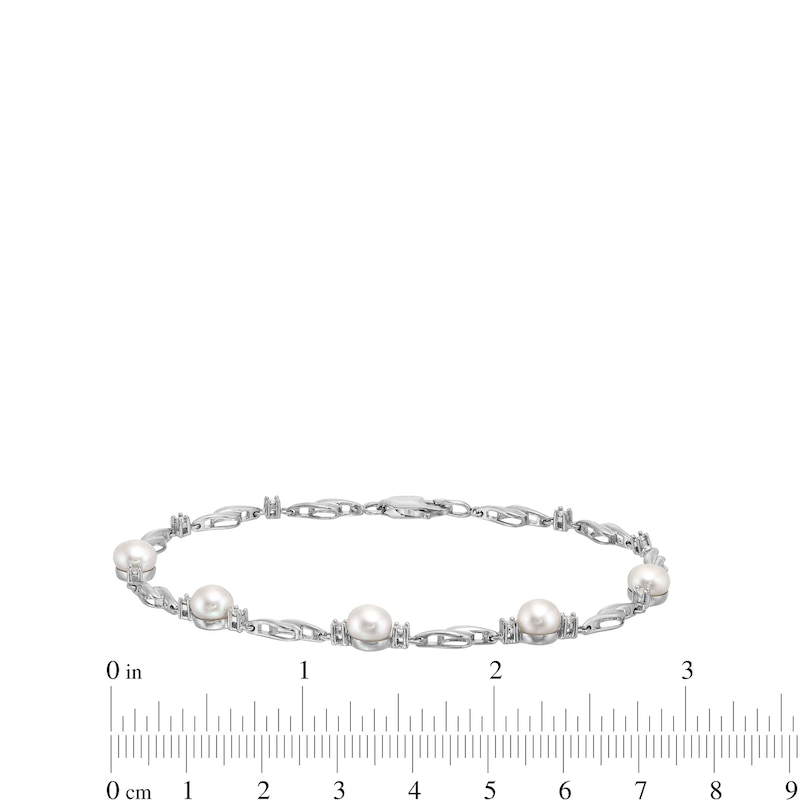 Main Image 4 of Freshwater Cultured Pearl and White Lab-Created Sapphire Bypass Link Alternating Bracelet in Sterling Silver-7.25”