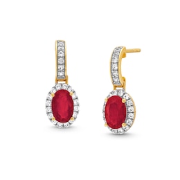 Oval Certified Ruby and White Lab-Created Sapphire Frame Drop Earrings in 10K Gold