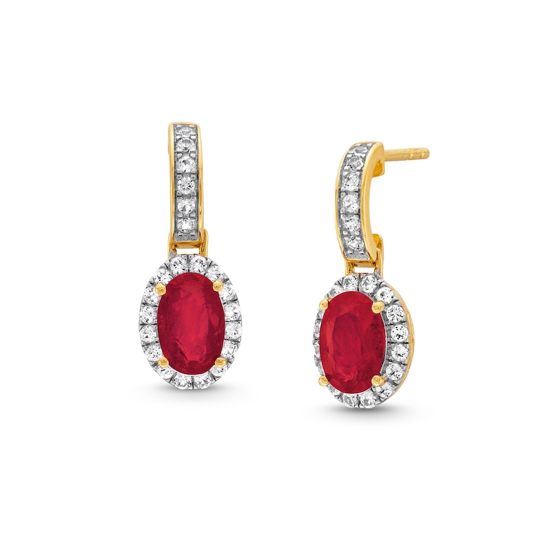 Main Image 1 of Oval Certified Ruby and White Lab-Created Sapphire Frame Drop Earrings in 10K Gold