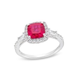 7.0mm Cushion-Cut Lab-Created Ruby and White Lab-Created Sapphire Frame Collar Ring in Sterling Silver