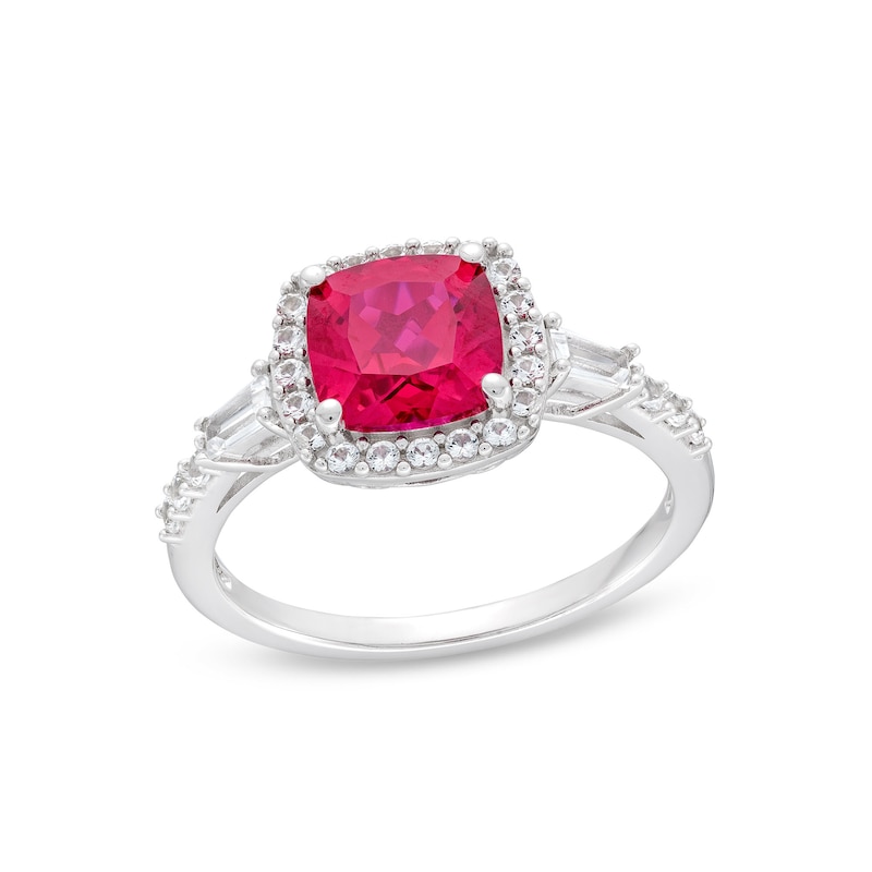 Main Image 1 of 7.0mm Cushion-Cut Lab-Created Ruby and White Lab-Created Sapphire Frame Collar Ring in Sterling Silver