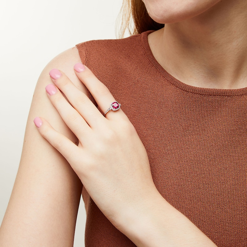 Main Image 2 of 7.0mm Cushion-Cut Lab-Created Ruby and White Lab-Created Sapphire Frame Collar Ring in Sterling Silver