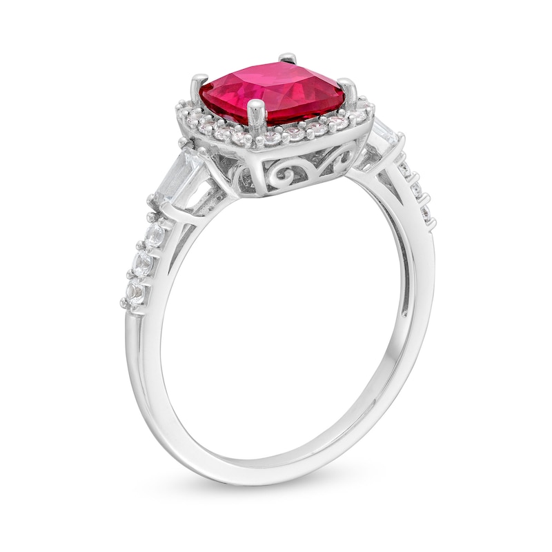 Main Image 3 of 7.0mm Cushion-Cut Lab-Created Ruby and White Lab-Created Sapphire Frame Collar Ring in Sterling Silver