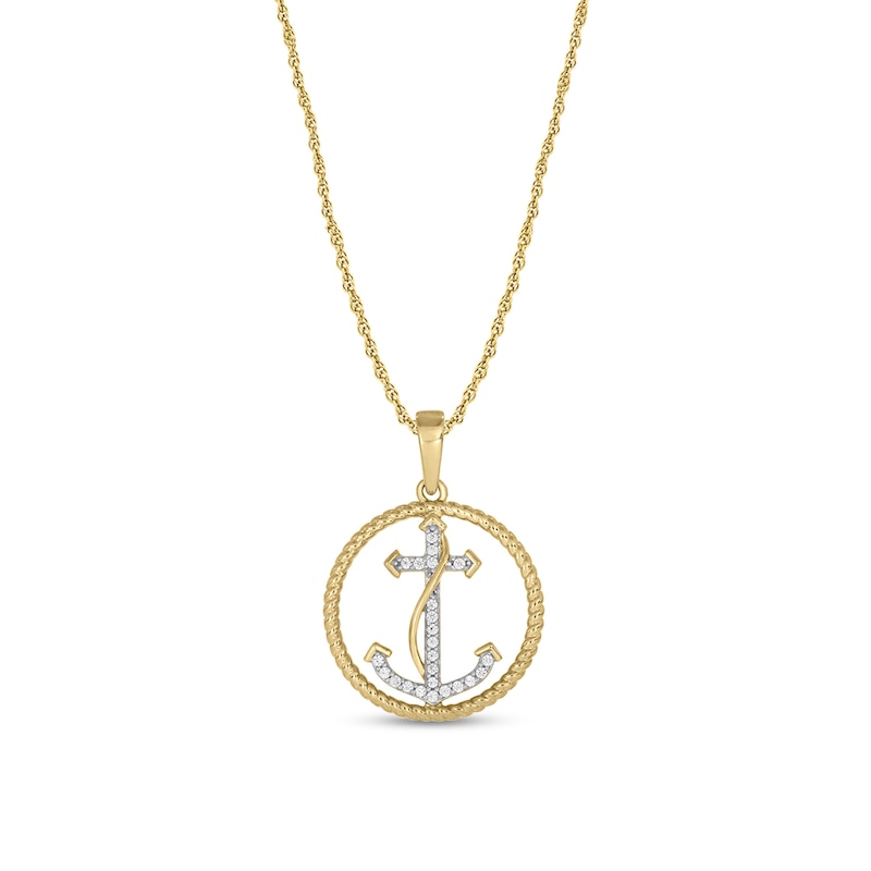 Main Image 1 of 1/20 CT. T.W. Diamond Anchor in Rope Border Pendant in 10K Gold - 18”