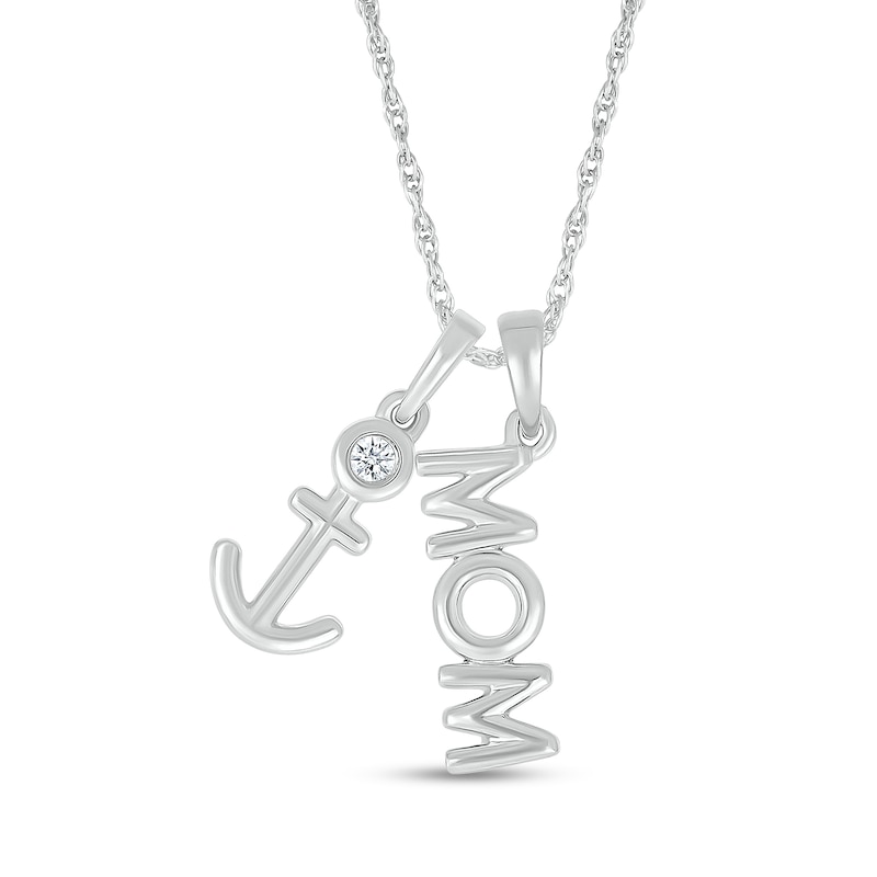 Main Image 1 of Diamond Accent Navy Mom Anchor Pendant in Sterling Silver - 18”