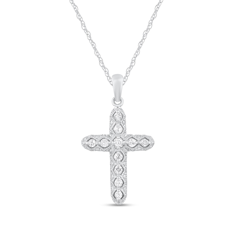 Main Image 1 of 1/8 CT. T.W. Diamond Vintage-Style Cross Pendant in 14K White Gold