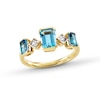 Thumbnail Image 1 of Emerald-Cut Blue Topaz and Princess-Cut White Topaz Alternating Three Stone Ring in Sterling Silver with 14K Gold Plate