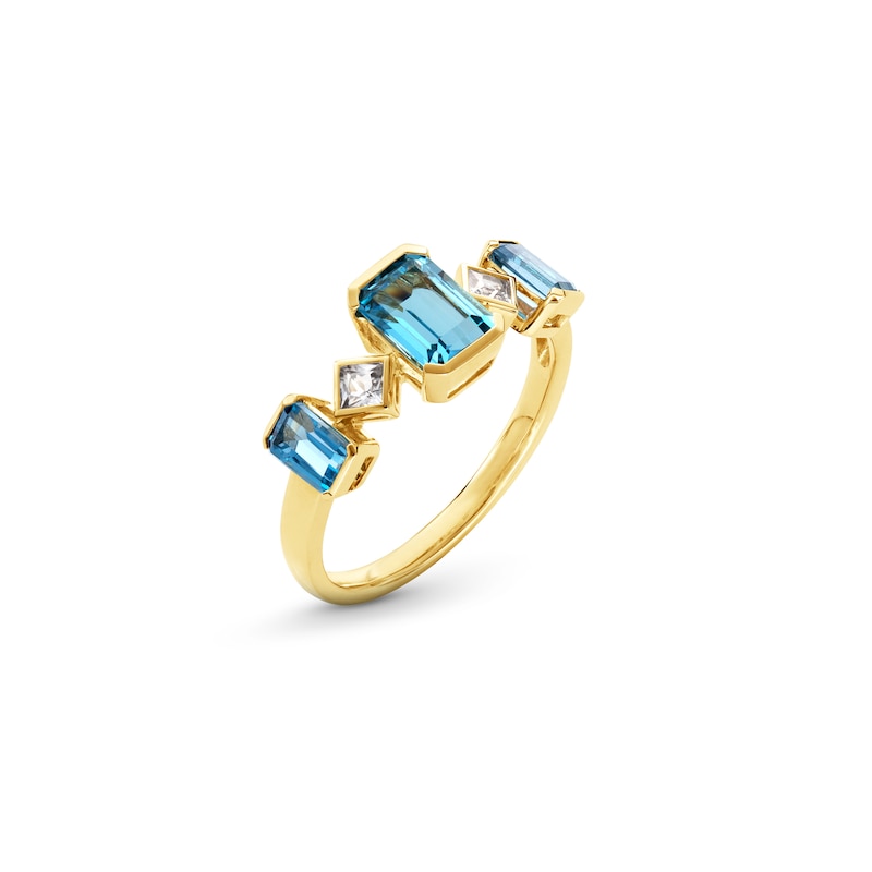 Main Image 3 of Emerald-Cut Blue Topaz and Princess-Cut White Topaz Alternating Three Stone Ring in Sterling Silver with 14K Gold Plate