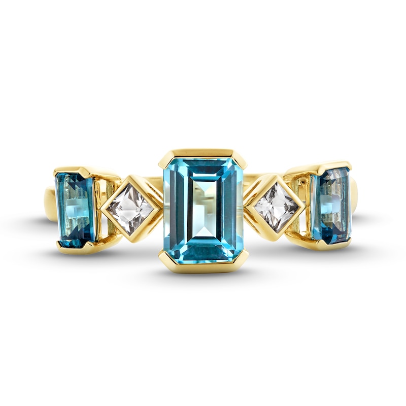 Main Image 4 of Emerald-Cut Blue Topaz and Princess-Cut White Topaz Alternating Three Stone Ring in Sterling Silver with 14K Gold Plate