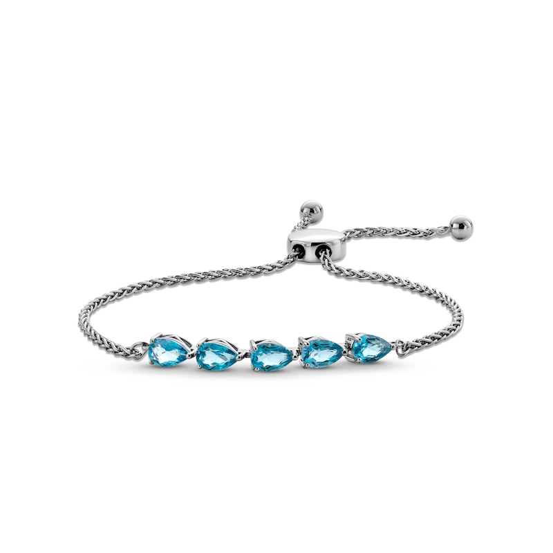 Main Image 1 of Sideways Pear-Shaped Swiss Blue Topaz Five Stone Bolo Bracelet in Sterling Silver - 9.1"