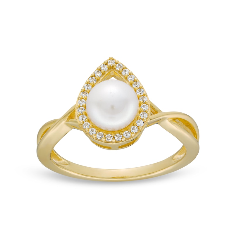 Main Image 1 of Freshwater Cultured Pearl and White Lab-Created Sapphire Frame Twist Shank Ring in Sterling Silver with 10K Gold Plate